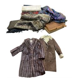 Vintage table linen, vintage musquash coat, sheepskin coat etc 