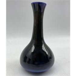 Pilkingtons Lancastrian pottery drip glazed vase in purple, beige etc H20cm, a small Lancastrian blue and brown vase H12cm and a Watcombe two handled cauldron shape vase after a design by Christopher Dresser (3)