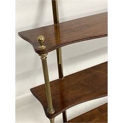 Pair of Regency design mahogany serpentine wall hanging shelves, three tiers, with cast brass fixtures, W77cm