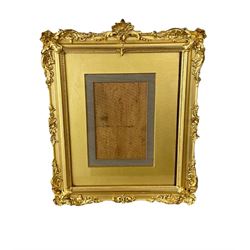 Victorian gilt upright picture frame with shell and floral mouldings with the paper label of Bullock & Son, Manchester, aperture size 18cm x 13xm, overall size 35cm x 28cm