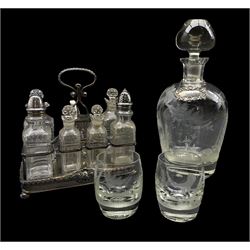 20th century glass decanter set engraved with Game Birds in a wooded landscape, the two tumblers having similar decoration, silver Whisky label and a silver-plated matched cruet set, the pair of glass sifters with Georgian silver tops 