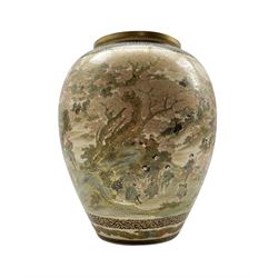 Japanese Satsuma  Meiji period ovoid vase, painted with figures admiring pink blossom in a landscaped garden, pagoda buildings, in a mountainous landscape, diaper and scrolling leafy stem borders, signature beneath, H27.5cm 