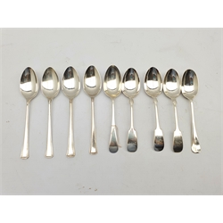 Three late Victorian silver fiddle pattern dessert spoons Sheffield 1897, four silver dessert spoons Sheffield 1962 and two other dessert spoons 15.6oz (9)