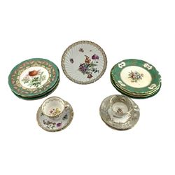 19th century English porcelain plate with panels of flower and fruit sprays reserved on a green ground, pattern no.3363, D22.5cm, set of six Victorian cabinet plates, each hand painted with flowers: Apple Blossom, Hawthorne Blossom, Anemone etc, each titled verso, together with other early 19th century and later porcelain