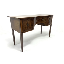 George III mahogany sideboard, rectangular top with break reverse bow front centre and drawer, two cupboards either side, the front inlaid with rectangular satinwood and oval figured mahogany panels, on square tapering supports, W152cm, H88cm, D55cm