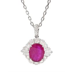 18ct white gold oval ruby, round and baguette cut diamond pendant necklace, ruby approx 2.35 carat, total diamond weight approx 0.90 carat