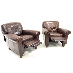 Pair of contemporary reclining club armchairs, upholstered in brown leather, raised on turned stained beech supports, W98cm
