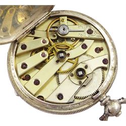 Victorian silver keyless fusee lever pocket watch by Aaronson, Manchester, No. 65536, white enamel dial with Roman numerals and subsidiary seconds dial, case makers mark AW, London 1868, on silver Albert chain and a silver cylinder fob watch, on white metal chain
