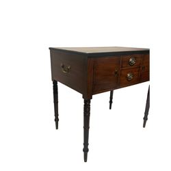 19th century mahogany side table, the rectangular top with reeded edge over two short drawers and two cupboard doors, flanked by two campaign handles, raised on turned supports 