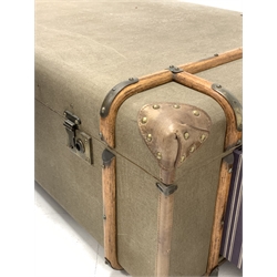 Canvas, wooden and metal bound steamer trunk style coffee table with drawer to each end, 84cm x 132cm, H44cm