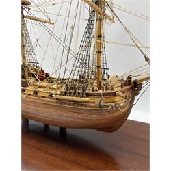 Wooden model of a three masted ship in perspex case 62cm x 70cm x 26cm overall