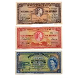 Three Queen Elizabeth II Bermuda Government banknotes, comprising five shillings '1st May 1957 D2 779804', ten shillings '1st October 1966 WI 014546' and one pound '1st October 1966 X2 587101'