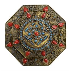 Tibetan octagonal brass box inset with turquoise etc W11cm, another decorated with trailing leaves, Indian box with mother of pearl inlay, another Indian box and a vase (5) 
