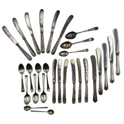 Set of six silver coffee spoons with shell finials Sheffield 1923 Maker Northern Goldsmiths Co., six other silver tea and condiment spoons, two sets of six silver handled pastry knives and five others
