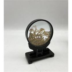 Chinese carved cork diorama scene depicting pavilion on lake with cranes in ebonised case together with two others max 30cm