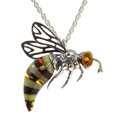  Silver amber honey bee pendant necklace stamped 925  