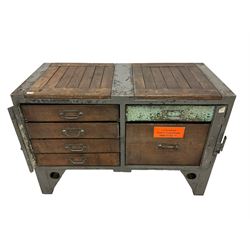 Early 20th century reclaimed workshop bench sideboard, hardwood and metal, fitted with six drawers