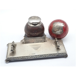 Edwardian silver inkstand with inkwell in the form of a cricket ball and with presentation plaque W18cm Birmingham 1907 Maker William Hair Haseler and a presentation cricket ball 