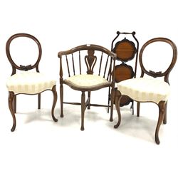 Pair of Victorian mahogany side chairs, the open circular moulded backs over striped cream upholstered seats, raised on slender carved cabriole supports (W45cm) together with an Edwardian corner occasional chair (W58cm) and a three tier mahogany cake stand (H93cm)
