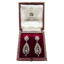  Pair of gold and silver old cut diamond convertable pendant/stud earrings, retailed by Collingwood of Conduit St, London, in original fitted velvet lined case  