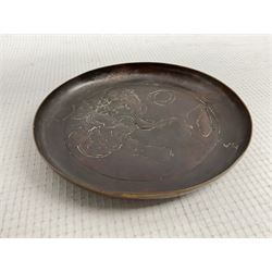 Keswick School of Industrial Arts small copper circular pin dish decorated with the emblems of St. Kentigern D10cm 