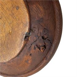 Figured oak fruit bowl, rolled rim over tool underside, with relief carved mouse and '1939' carved into the base, D25cm x H5cm