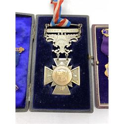 NIOF silver and parcel gilt Masonic jewel awarded to Bro. B Lawson, Knottingley District 1897, a base metal jewel, both cased, Queen Elizabeth II coronation medal in box of issue and two other items 