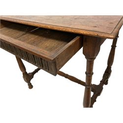 18th century side table, moulded rectangular top over reverse arcade carved frieze drawer, raised on turned supports with ring turned stretcher 