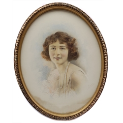 Lafayette (French early 20th century): Portrait of Lady with Pearl Necklace, oval watercolour heightened in white signed 44cm x 34cm