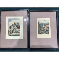 J Beckett (British early 20th century): 'Stonegate and Bootham Bar', pair etchings heightened with watercolour signed; together with collection modern and vintage prints (15)