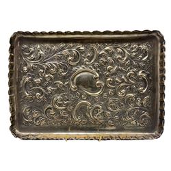 Late Victorian silver rectangular dressing table tray with embossed decoration and monogram 28cm x 19cm Birmingham 1895 Maker Stokes & Ireland Ltd 14oz 