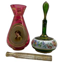 19th century Bohemian cranberry glass vase painted with a portrait of a young girl, H16cm, a green and white overlay glass scent bottle, both a/f and a 19th century 'Tear Catcher' scent bottle with gilt highlights (3)