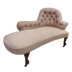 Mid-to late 19th century walnut framed chaise longue, upholstered in button-back pale pink patterned fabric with sprung seat, raised on cabriole supports with brass and ceramic castors