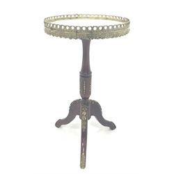 20th century stained beech wine table, the circular top with pierced brass gallery and inset white marble, raised on turned column and three splayed supports with gilt metal mounts D35cm