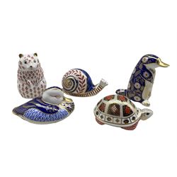Five Royal Crown Derby paperweights comprising a Platypus, Hamster, Imari Turtle, Snail and Duck