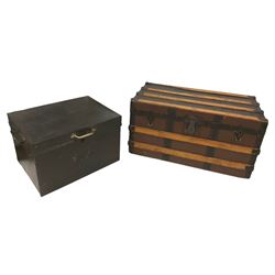 Early 20th century wood and metal bound traveling trunk (W77cm D42cm H40cm); and a small black painted metal trunk or box with twin handles and hinged top (W51cm D38cm H33cm)