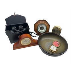 Studio pottery bowl, aneroid barometer in oak case, binoculars, mantel clocks etc