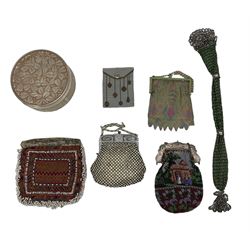 Cut steel miser's purse, mesh evening purse with enamel decoration, another, bead work and other purses and a French glass powder box