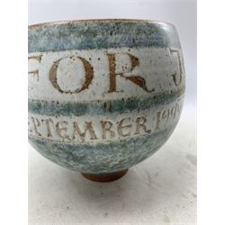 Mick Arnup (British 1923-2008): Large studio pottery presentation bowl 'For Jeremy Whiting, From All His Colleagues, September 1999, York, H25cm x D25cm 