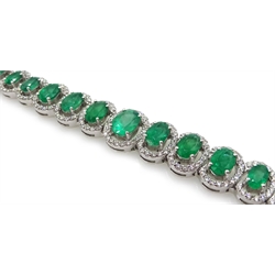 18ct gold graduating oval emerald bracelet, each emerald surrounded by brilliant cut diamonds, total emerald weight 7.59 carat, diamond total weight 2.67 carat 