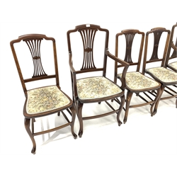  Set six (4+2) Edwardian mahogany dining chairs, with boxwood string inlay, pierced splats, upholstered seats and cabriole front supports, W53cm   