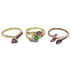 Gold amethyst ring and two other stone set gold rings, all hallmarked 9ct