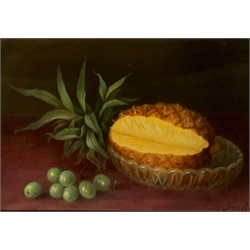 J W Mills (Late 19th Century British School) still life of pineapple and grapes, oil on canvas signed, 27cm x 37cm