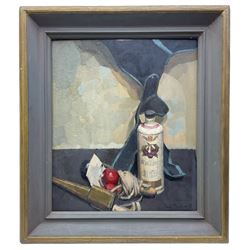 Hugh Ralph Micklem (British 1918-2009): Still Life with Toys and Bottle, oil on board signed 45cm x 38cm