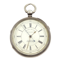 Victorian silver centre seconds key wound chronograph pocket watch by H Samuel, Manchester, No. 110423, white enamel dial with Roman numerals, outer seconds track numbered 25-300, case by Isaac Jabez Theo Newsome, Chester 1890 