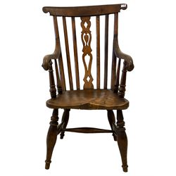 19th century elm and oak farmhouse armchair, pierced and shaped high splat back over a shaped saddle seat with scrolled arm terminals, raised on turned supports united by H-stretcher