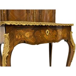French design Kingwood and marquetry Bonheur du Jour writing desk, the raised serpentine back enclosed by two doors with a single shelf, inlaid all over with ribbon-tied floral bunches within shaped panels, mounted by gilt metal caryatid figured and moulded foliate edges, the frieze drawer fitted with leather inset slide revealing storage well, on cabriole supports, acanthus leaf mounts with trailing branch and intertwined foliate terminating to scrolled foliage feet