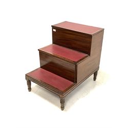 Set of mid 19th century mahogany commode library steps, the hinged top step revealing storage box, over pull out commode with original cover and ceramic bowl, with ebonised string inlay and inset skivered treads, raised on turned supports 