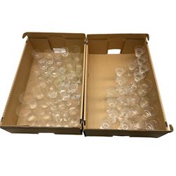 Set of fifteen Webb Corbett conical form cut glass sherry glasses, a collection of vintage glassware with etched decoration, and other glass in two boxes