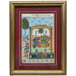 Persian School (18th/19th century): Emperor Receiving Offerings, watercolour and gouache highlighted with gold, with text 25cm x 16cm; Gst Kt Ngurah (Balinese 20th century): Sawaswati the Hindu Goddess, watercolour signed 28cm x 19cm